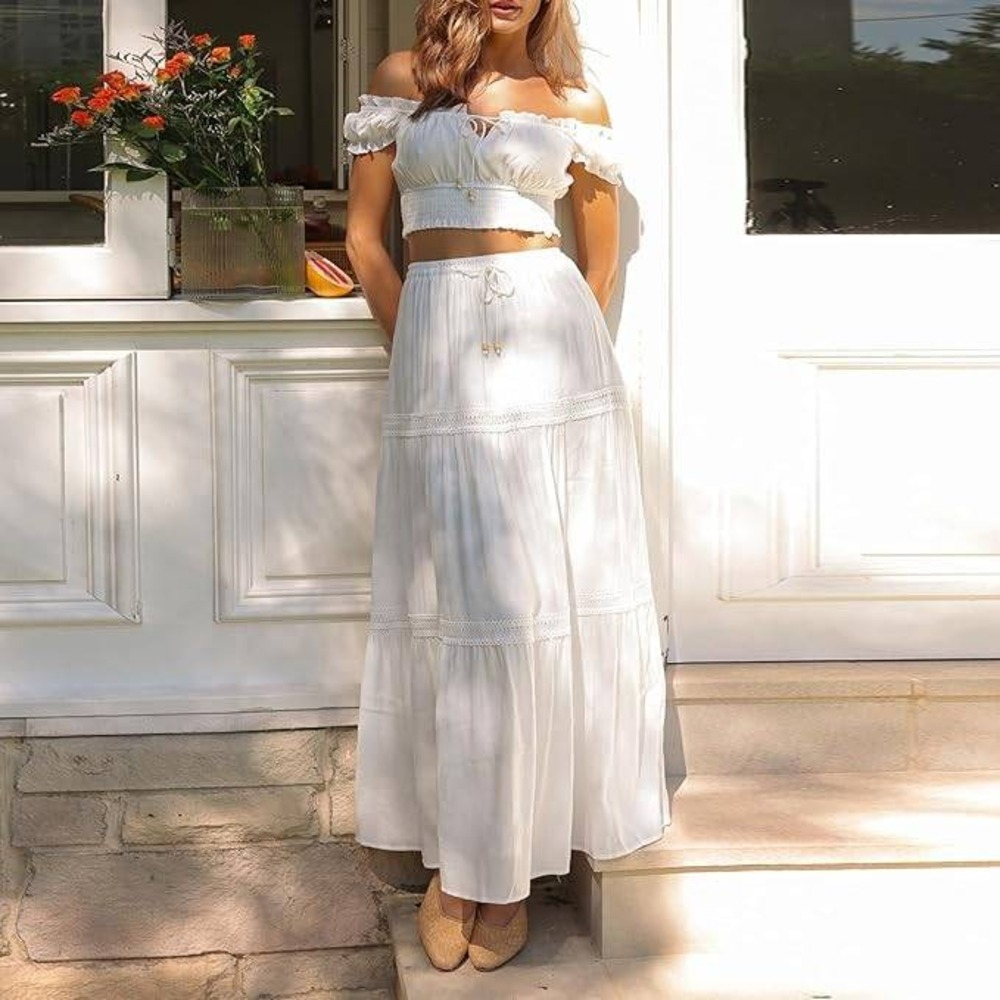White Boho Two Piece Set Off Shoulder Crop Top and Tiered Maxi Skirt Lace Trim - Picture 5 of 7
